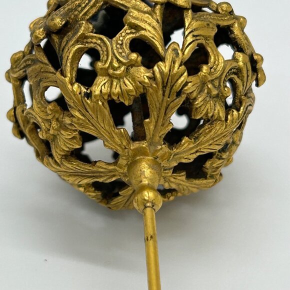 Antique Edwardian Hat Pin Gilded Brass Filigree Red Cabochon 1900s 9" READ - Picture 2 of 16